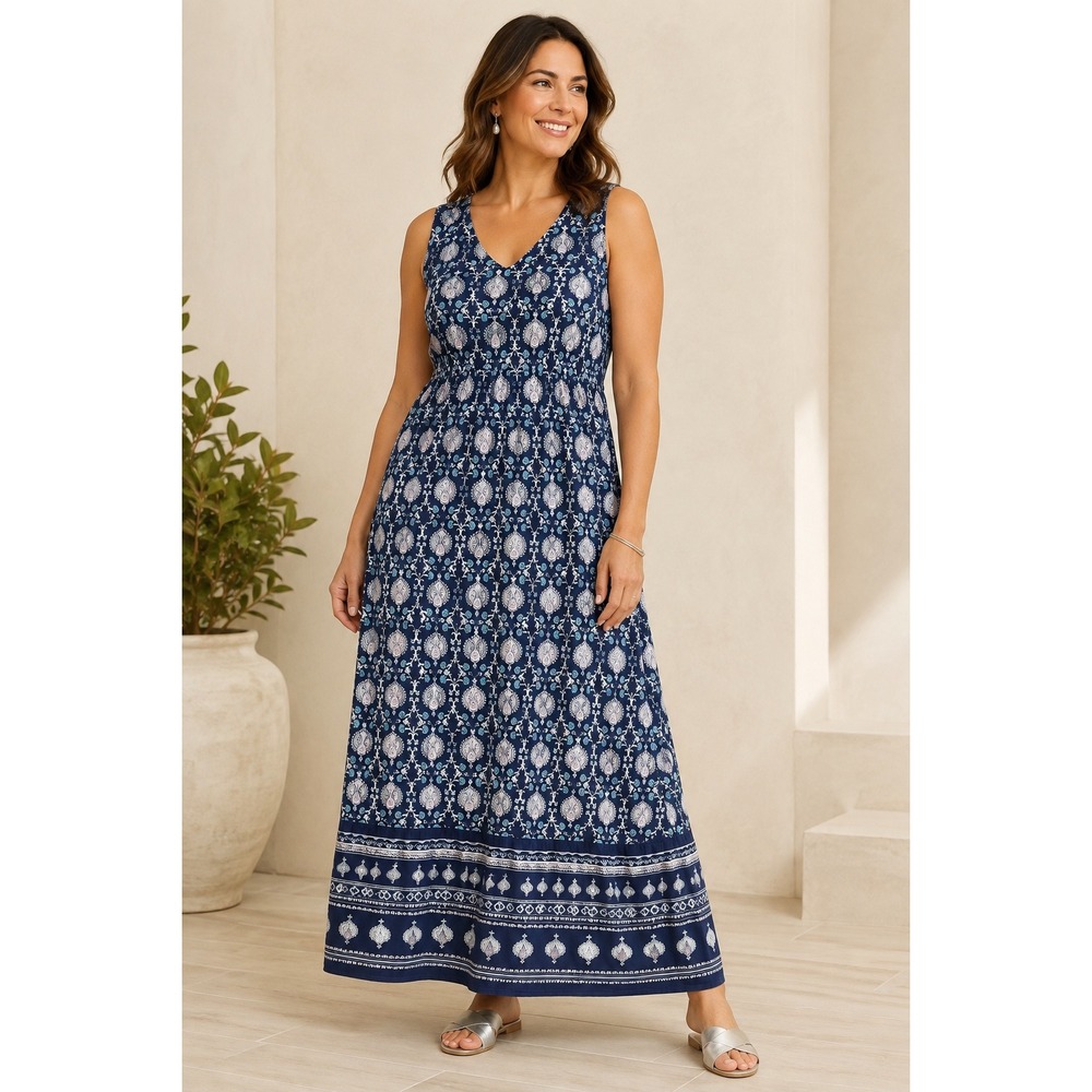 Talbots Navy Paisley Midi Dress XL Sleeveless V-Neck Boho Coastal Cottagecore